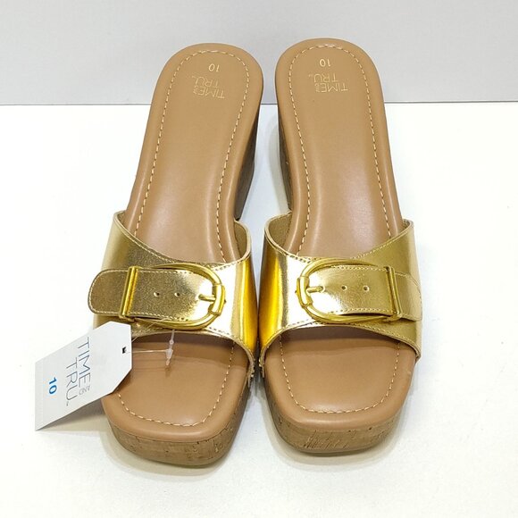 Time and Tru Gold Buckle Cork Wedge Platform Memory Foam Sandals Size 10 NWT - Picture 6 of 11